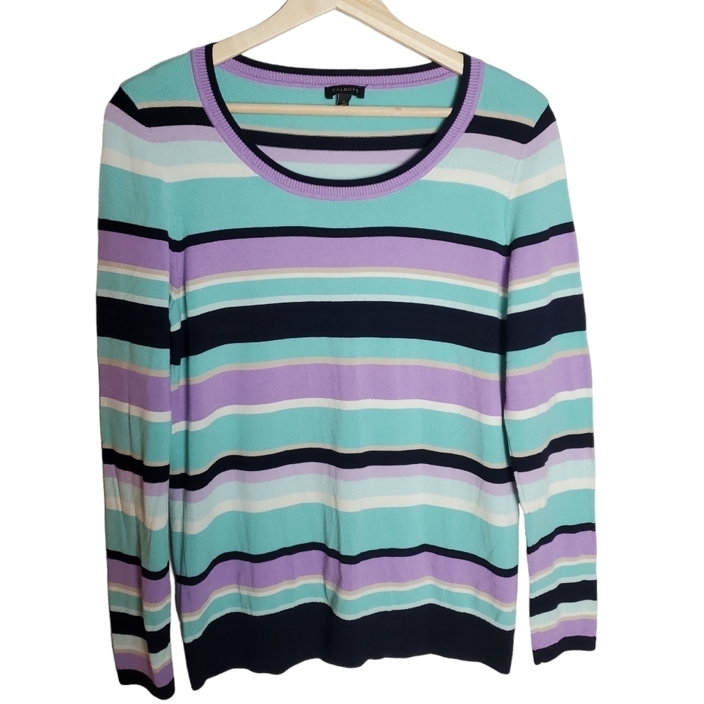 Talbots Sweater Womens Medium Striped‎ Aqua purple Crewneck Lightweight Spring